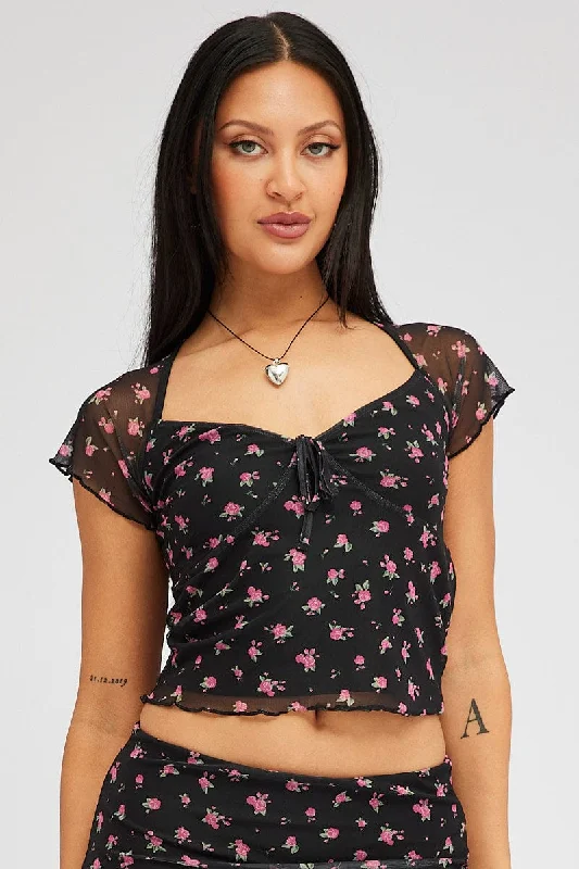 Black Ditsy Mesh Top Short Sleeve