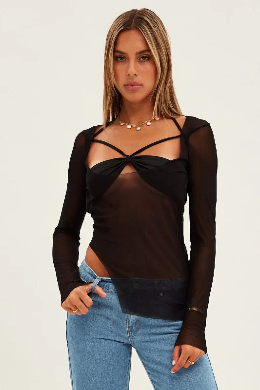 Black Mesh Top Long Sleeve