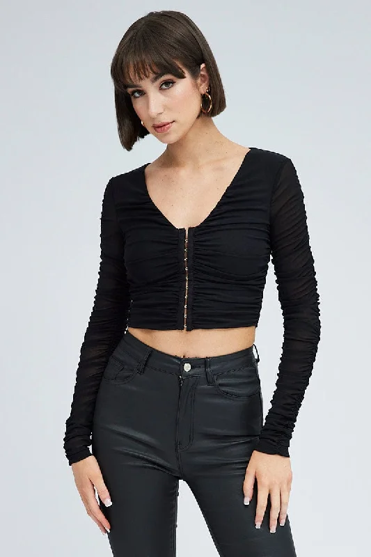 Black Mesh Top Long Sleeve Ruched Hook And Eye