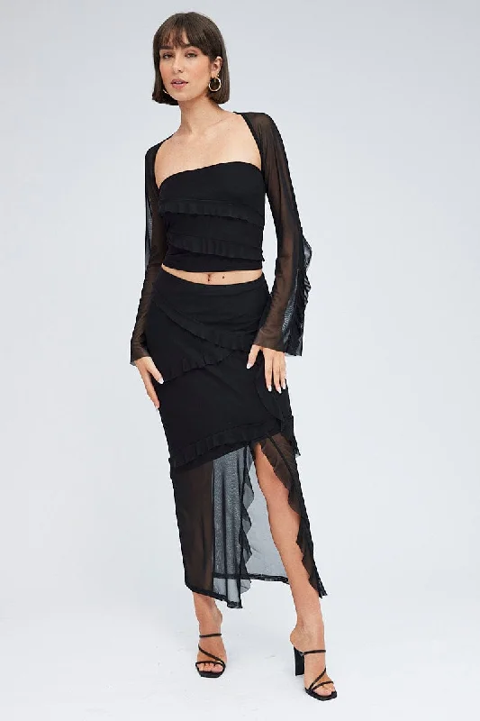 Black Shrug Set Long Sleeve Frills Mesh