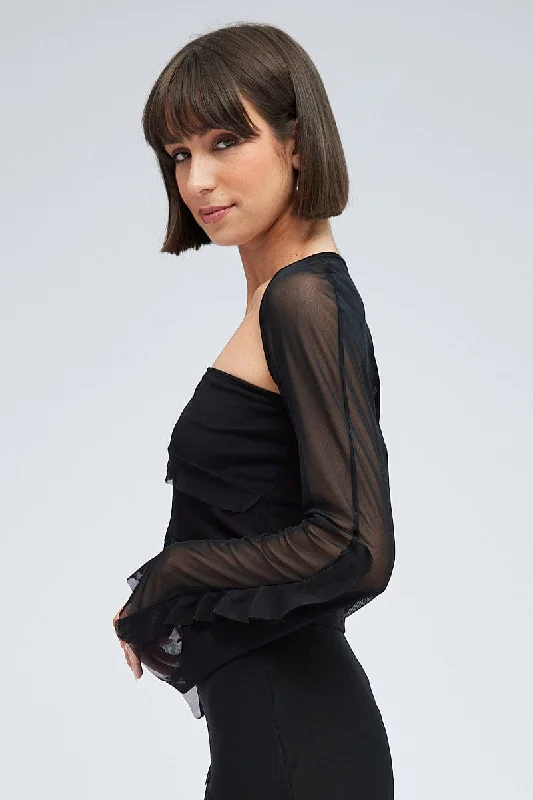 Black Shrug Set Long Sleeve Frills Mesh