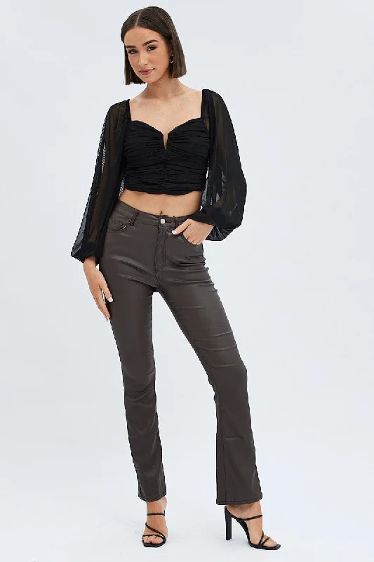 Black Top Crop Long Sleeve Ruched Mesh