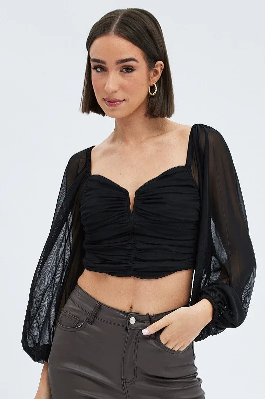 Black Top Crop Long Sleeve Ruched Mesh