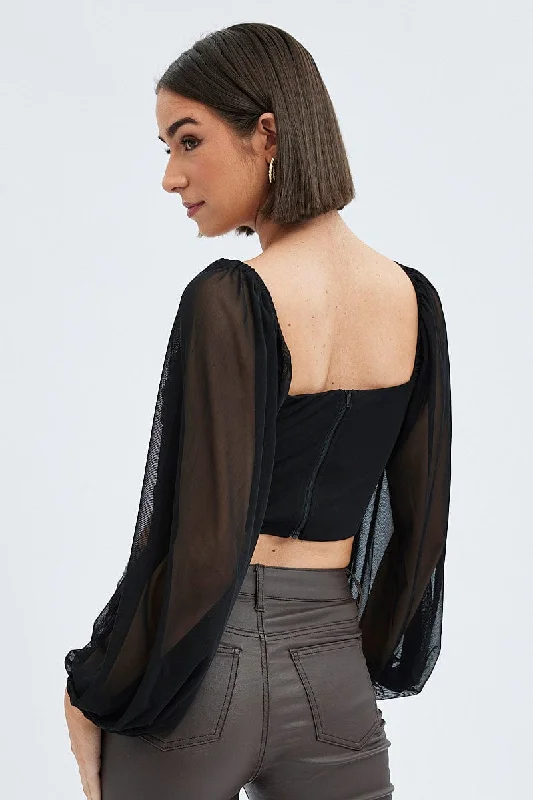 Black Top Crop Long Sleeve Ruched Mesh