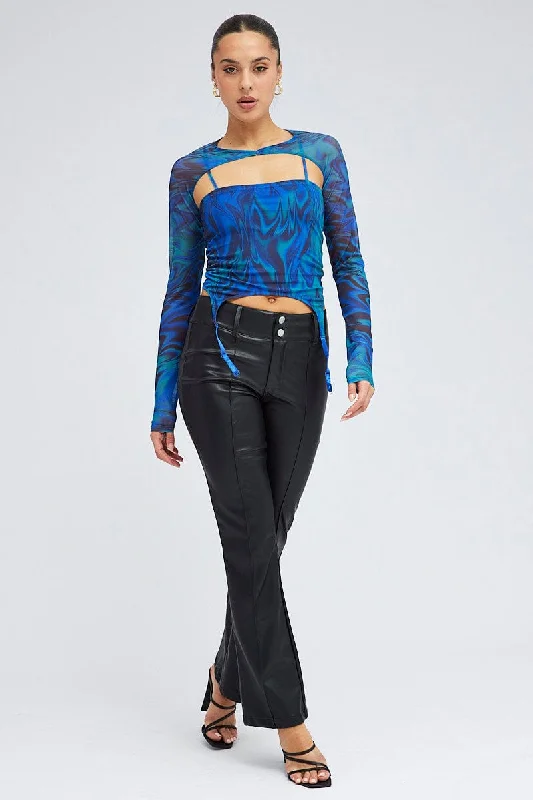 Blue Abstract Garter Corset Shrug Long Sleeve Mesh