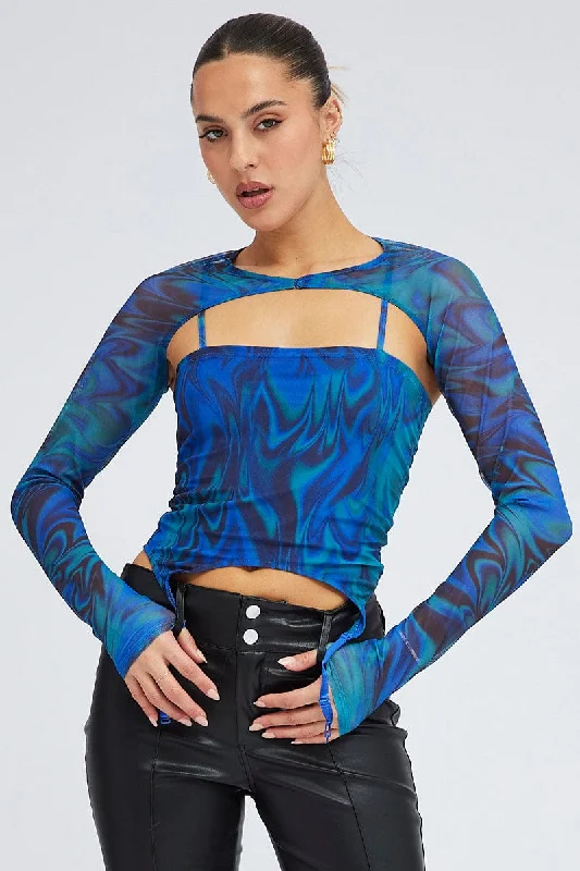 Blue Abstract Garter Corset Shrug Long Sleeve Mesh