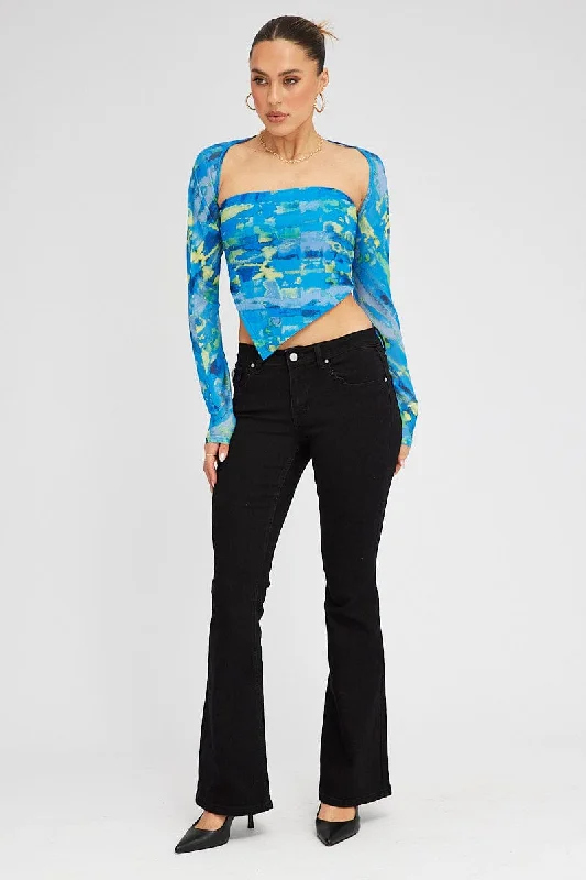 Blue Abstract Shrug & Bandeau Set Long Sleeve Scarf Hem Mesh