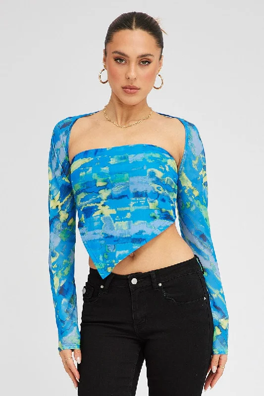 Blue Abstract Shrug & Bandeau Set Long Sleeve Scarf Hem Mesh