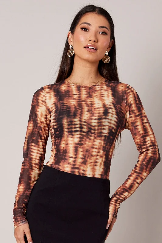 Brown Abstract Mesh Bodysuit Long Sleeve