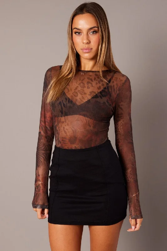 Brown Abstract Mesh Bodysuit Long Sleeve