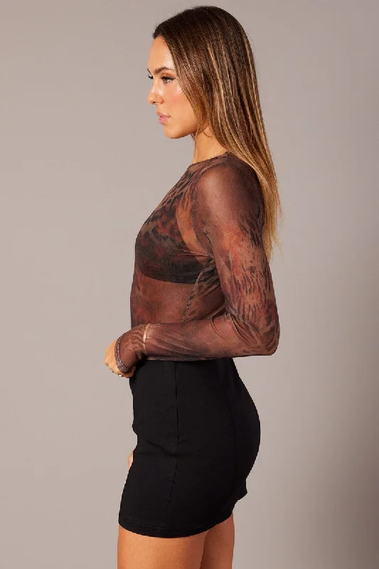 Brown Abstract Mesh Bodysuit Long Sleeve