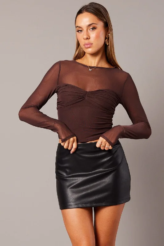 Brown Mesh Top Long Sleeve