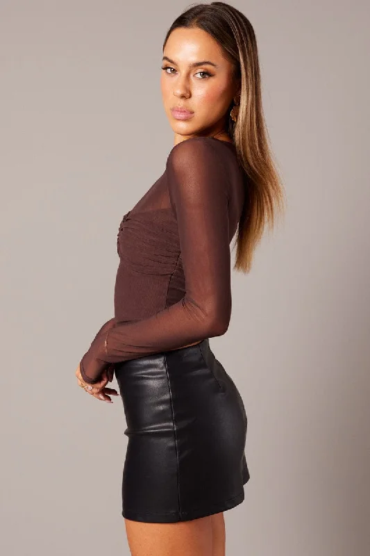 Brown Mesh Top Long Sleeve