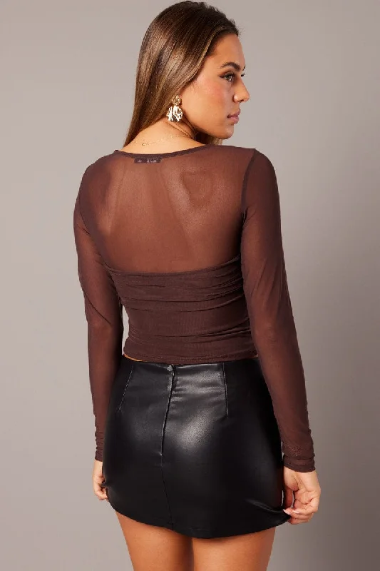 Brown Mesh Top Long Sleeve