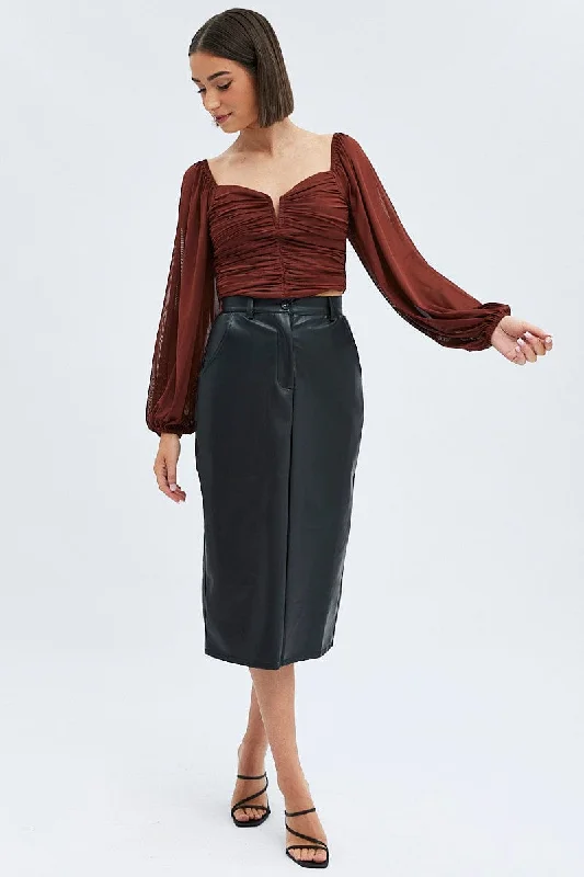 Brown Top Crop Long Sleeve Ruched Mesh