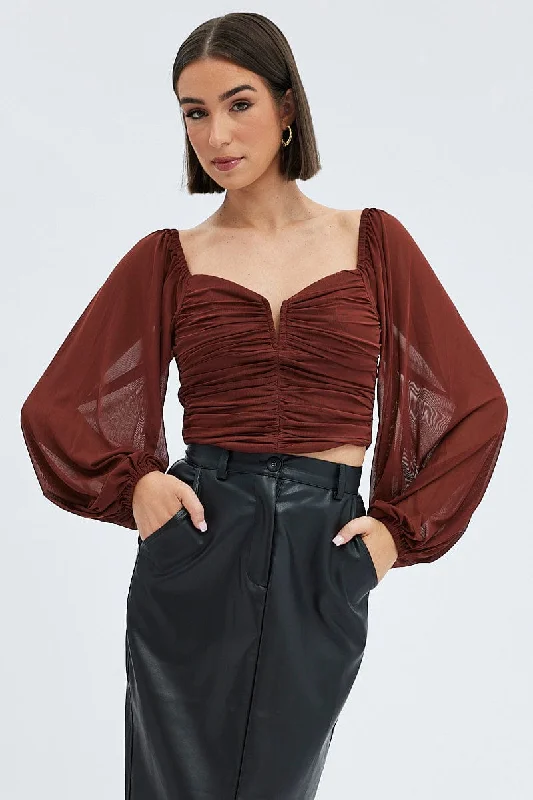 Brown Top Crop Long Sleeve Ruched Mesh