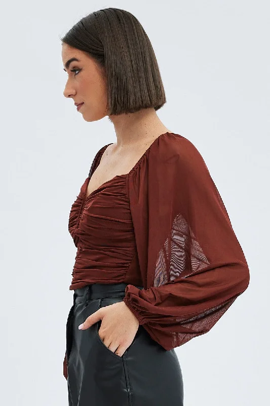 Brown Top Crop Long Sleeve Ruched Mesh