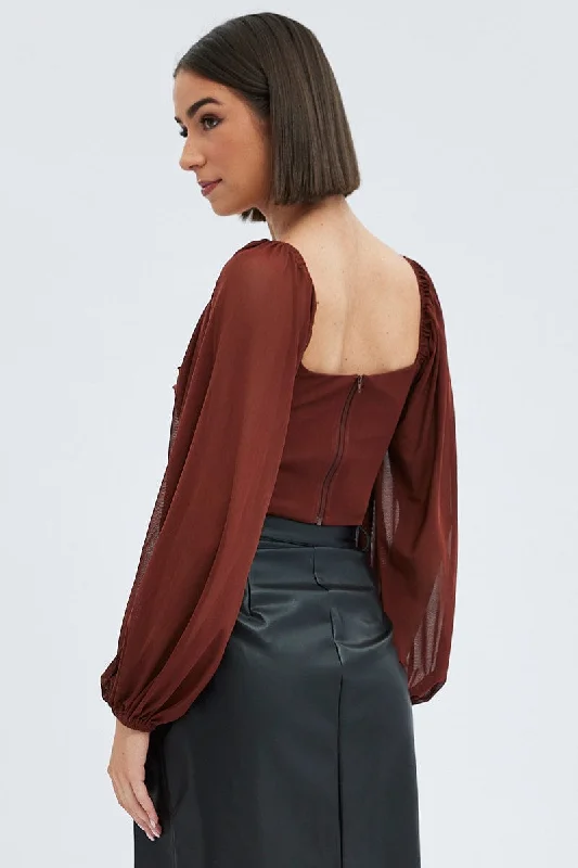 Brown Top Crop Long Sleeve Ruched Mesh