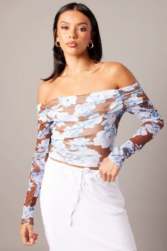 Multi Floral Off Shoulder Top Long Sleeve Mesh