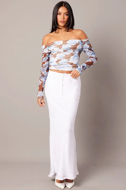 Multi Floral Off Shoulder Top Long Sleeve Mesh