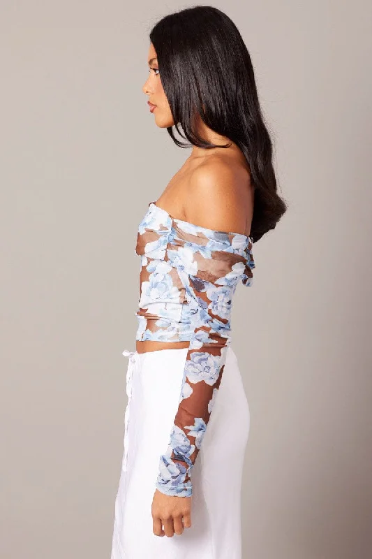 Multi Floral Off Shoulder Top Long Sleeve Mesh