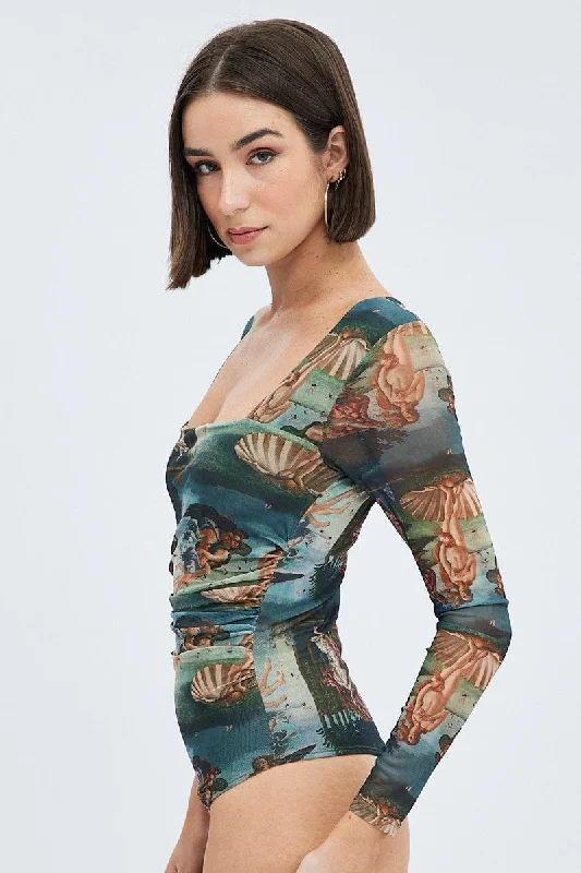 Multi Print Bodysuit Long Sleeve Square Neck Ruched Waist Mesh