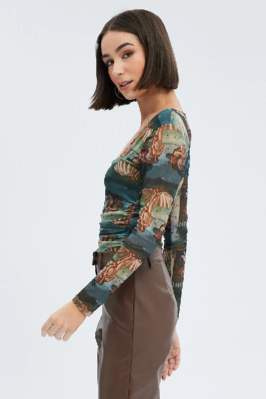 Multi Print Bodysuit Long Sleeve Square Neck Ruched Waist Mesh