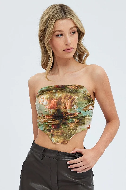 Multi Print Corset Top Sleeveless Sweetheart Mesh Ruched