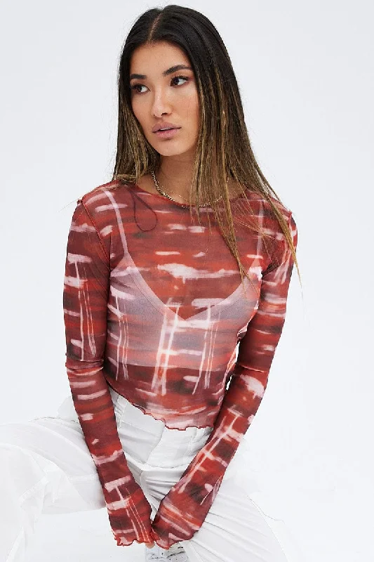 Orange Abstract Top Round Neck Long Sleeve Mesh Abstract Print