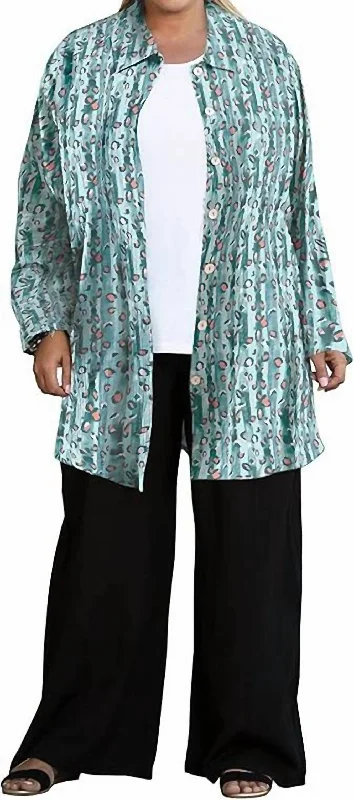 Printed Long Sleeve Chiffon Button Up Rodie Tunic - Plus In Blue Cheetah