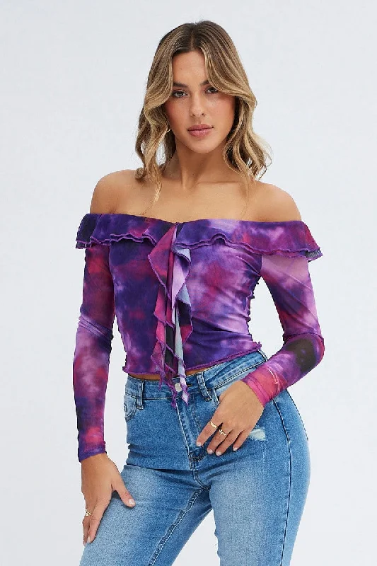 Purple Abstract Mesh Top Long Sleeve Off Shoulder Frill Lined