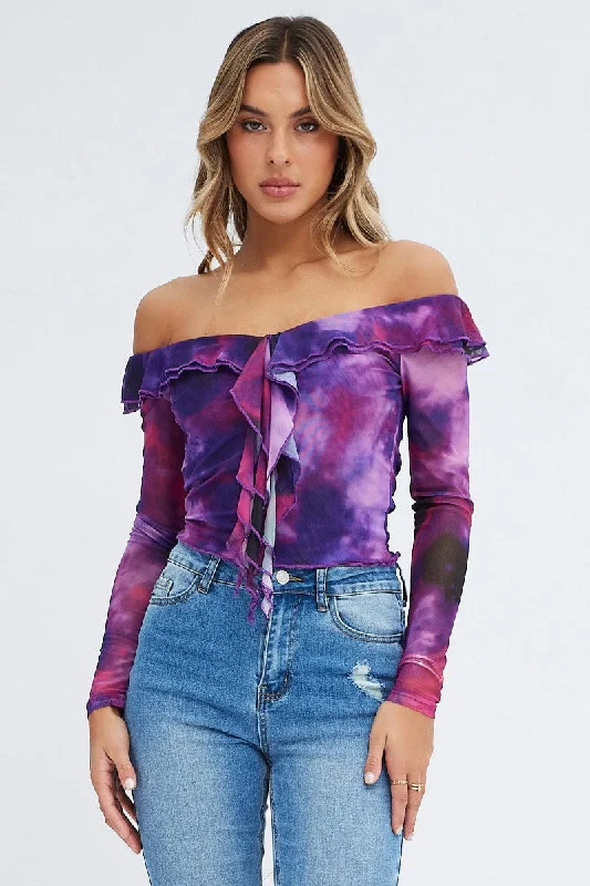 Purple Abstract Mesh Top Long Sleeve Off Shoulder Frill Lined