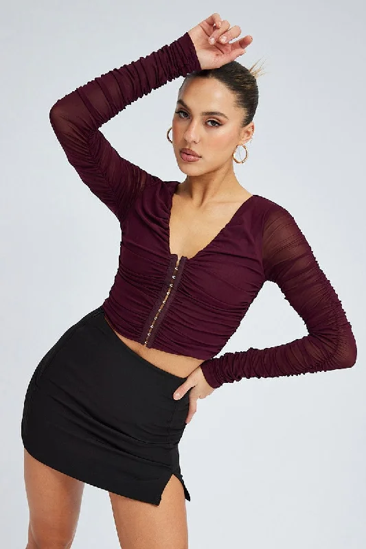 Purple Mesh Top Long Sleeve Ruched Hook And Eye