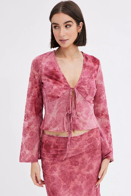 Red Paisley Tie Front Top Long Sleeve V Neck Mesh Flocked