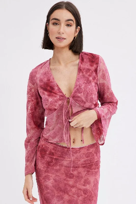 Red Paisley Tie Front Top Long Sleeve V Neck Mesh Flocked