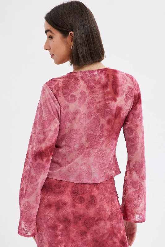 Red Paisley Tie Front Top Long Sleeve V Neck Mesh Flocked