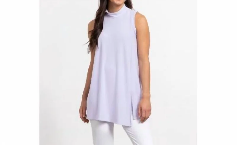 Sleeveless Mock Neck Slit Tunic In Lavender