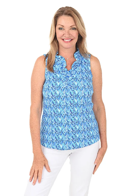 Blue Chevron UPF50+ Ruffle Sleeveless Top