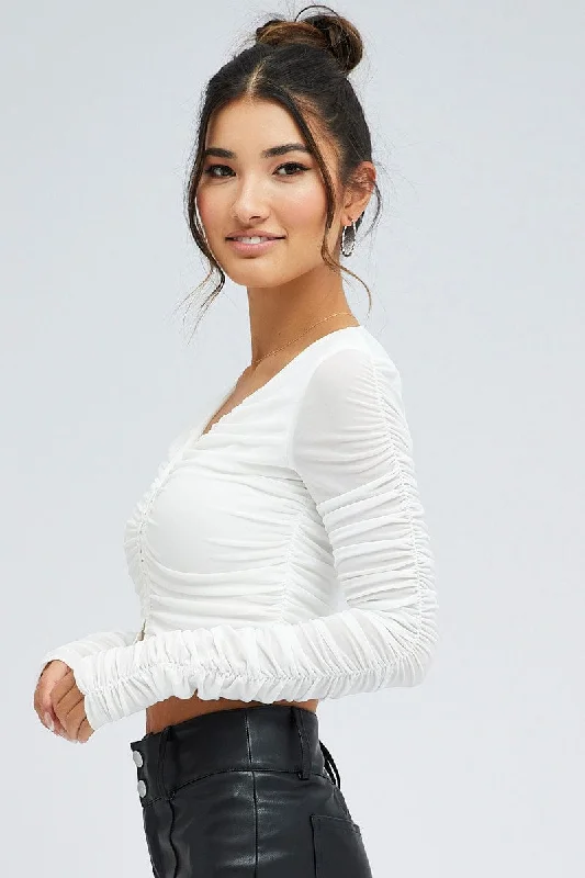 White Mesh Top Long Sleeve Ruched Hook And Eye