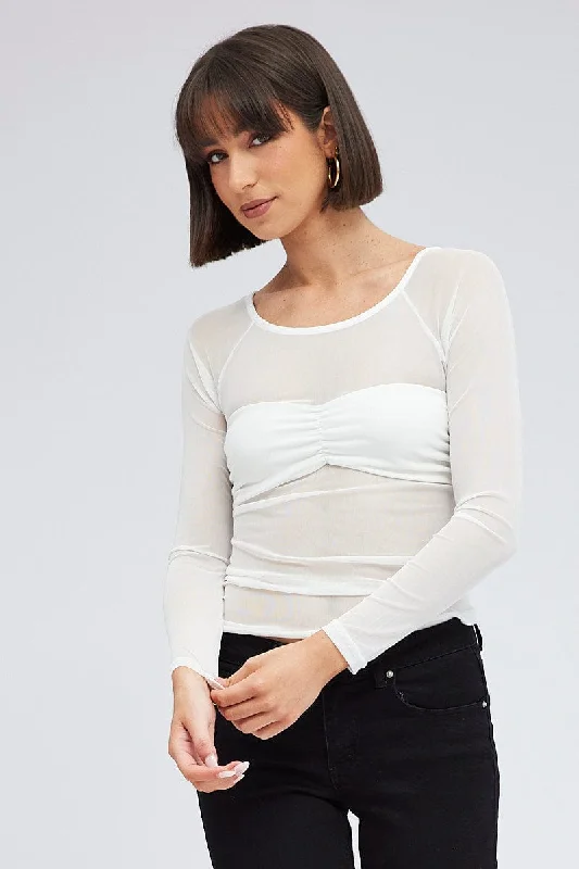 White Top Long Sleeve Round Neck Bust Detail Mesh