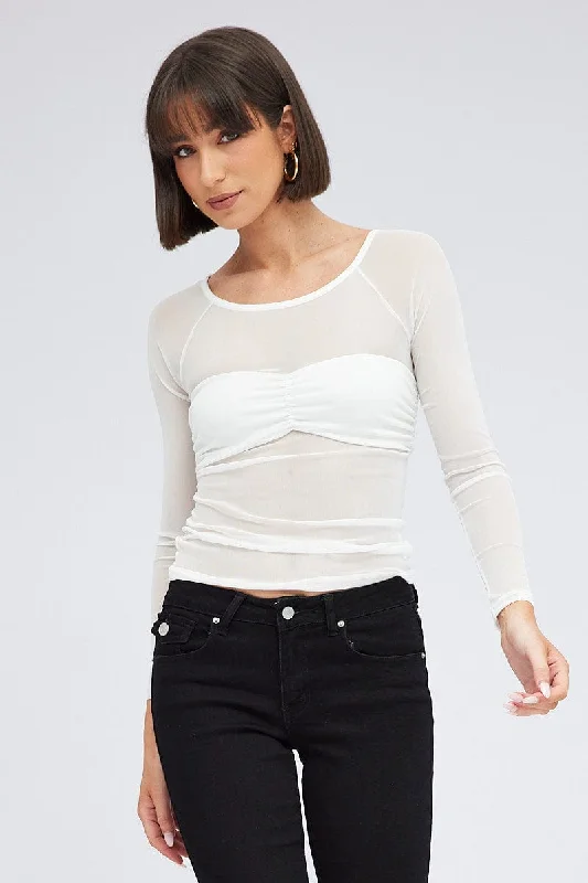 White Top Long Sleeve Round Neck Bust Detail Mesh