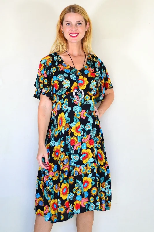 Black Flower Flutter Sleeve Tunic Dress