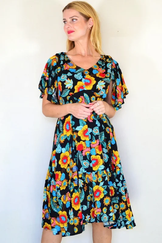 Black Flower Flutter Sleeve Tunic Dress