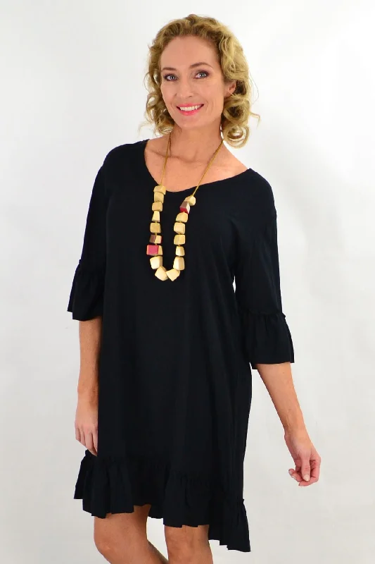 Black Ruffle 3/4 Sleeve Tunic Dress