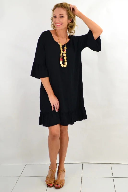 Black Ruffle 3/4 Sleeve Tunic Dress