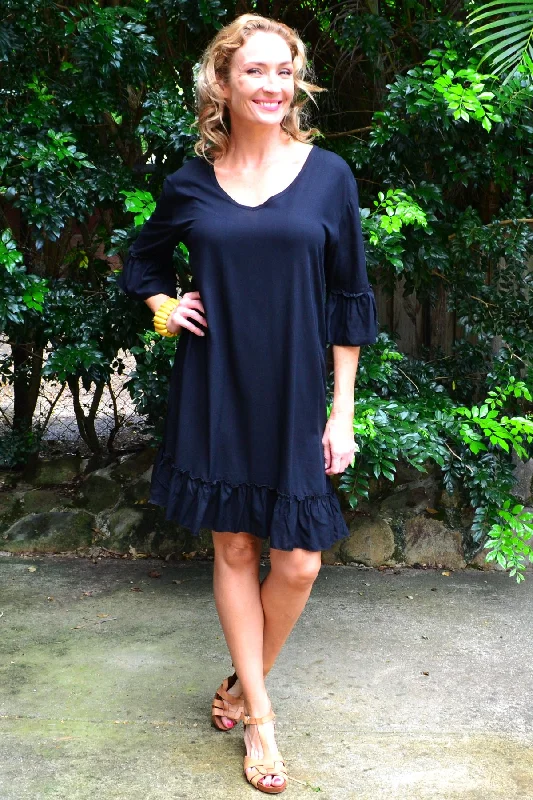 Black Ruffle 3/4 Sleeve Tunic Dress