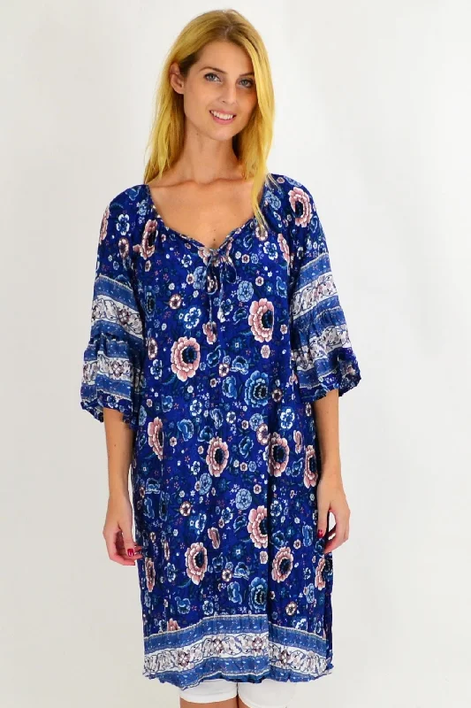 Blue Rita Crinkle Tie Long Tunic Dress