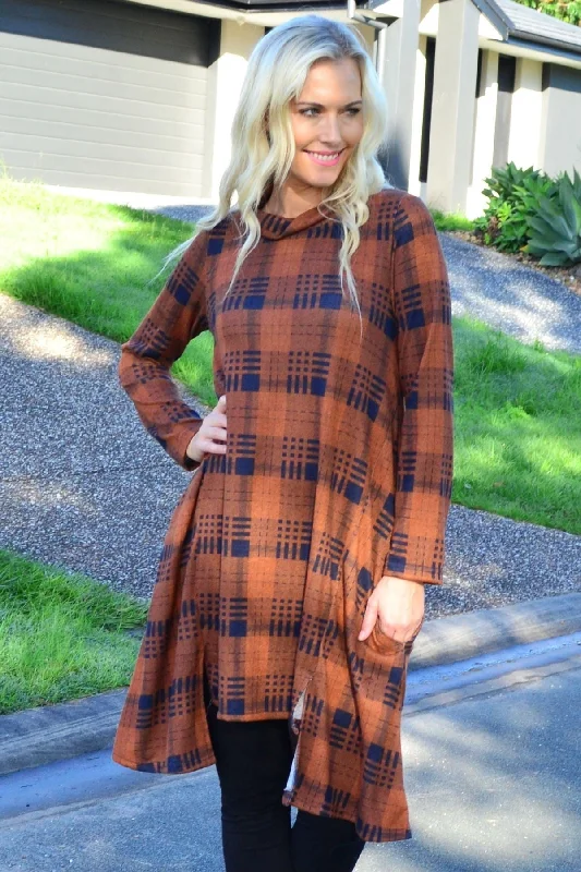 Brown Check High Neck Fleece Tunic Dress