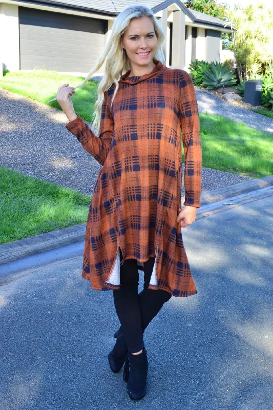 Brown Check High Neck Fleece Tunic Dress