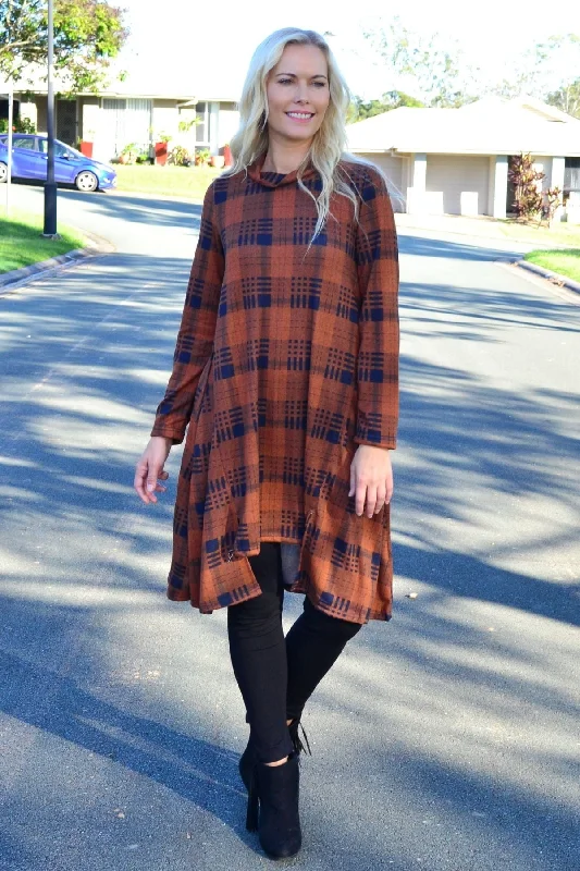 Brown Check High Neck Fleece Tunic Dress